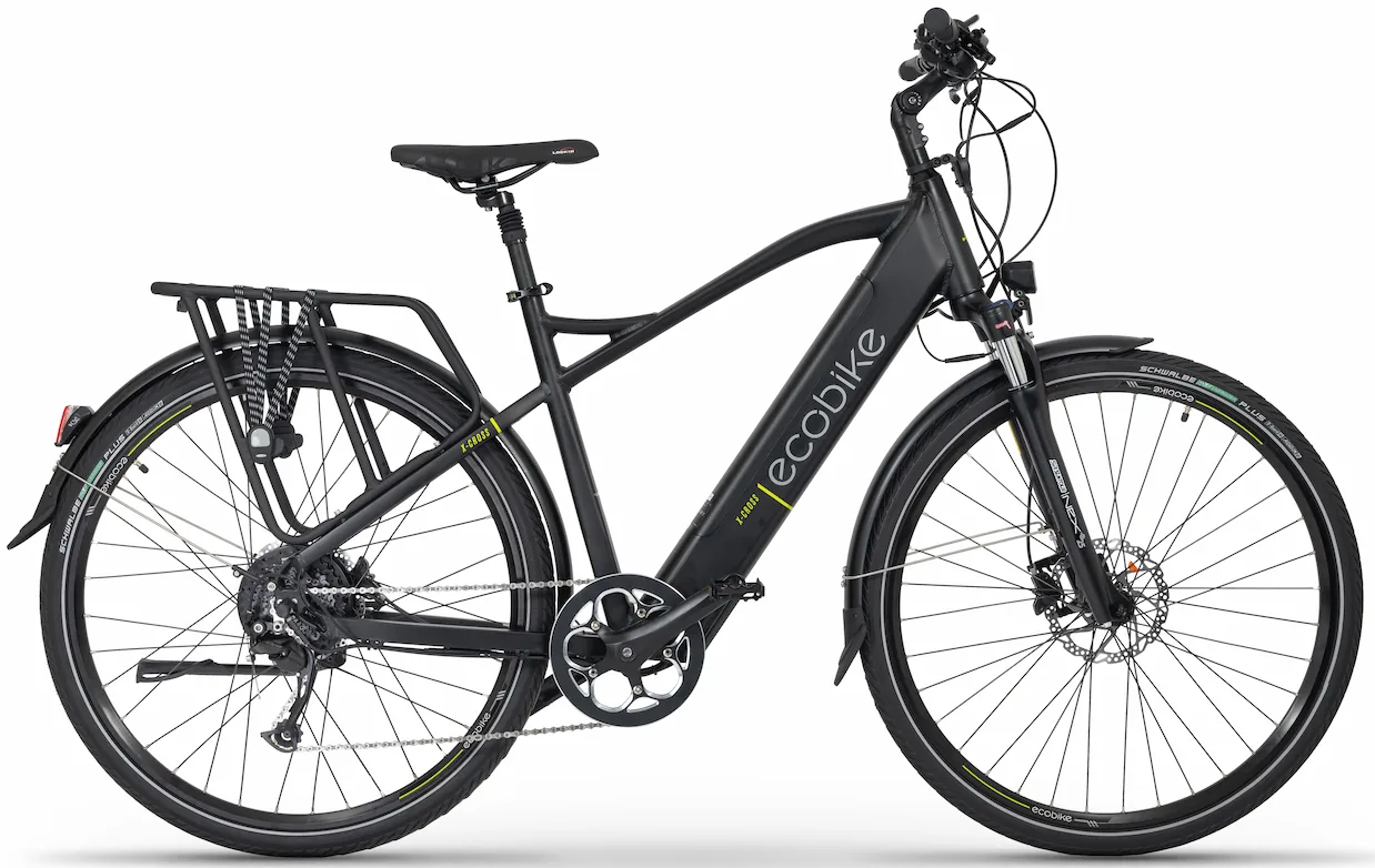 Mens electric hybrid bike with front suspension Ecobike X-cross Black 468Wh